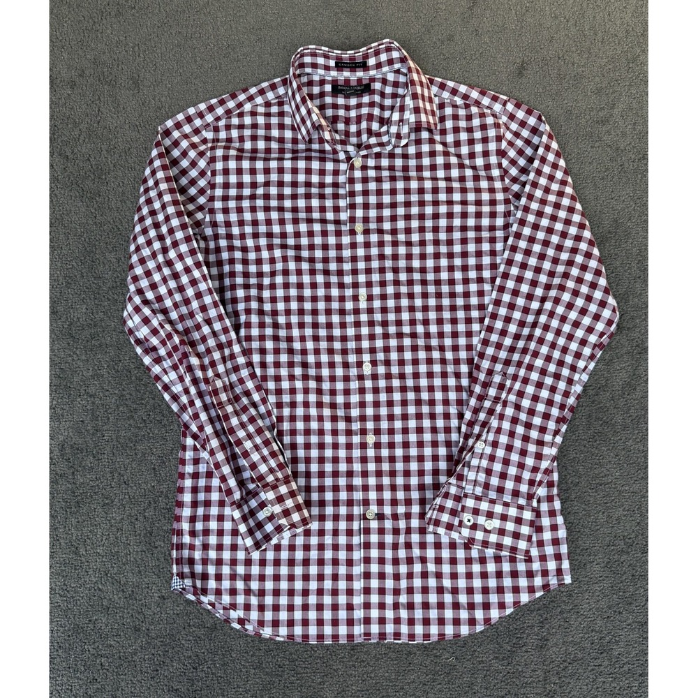 Banana Republic Camden Fit Gingham Shirt Mens Small Burgundy White Non-Iron